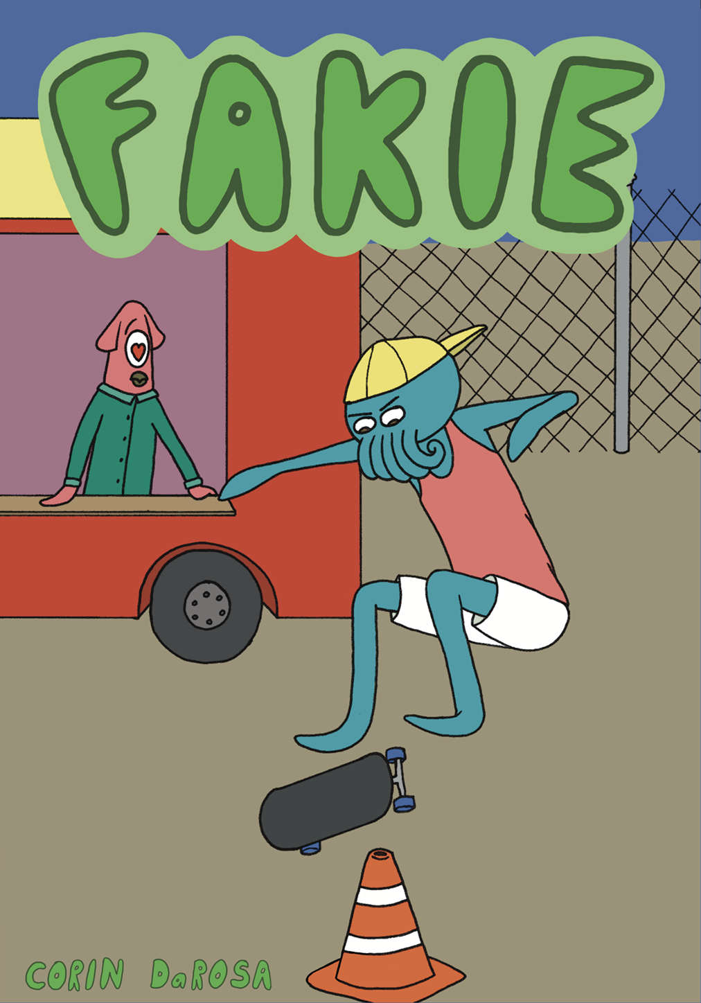 Cover of the graphic novel Fakie, featuring a cartoony Octopus character skateboarding while a lovestruck Squid watches from his food truck