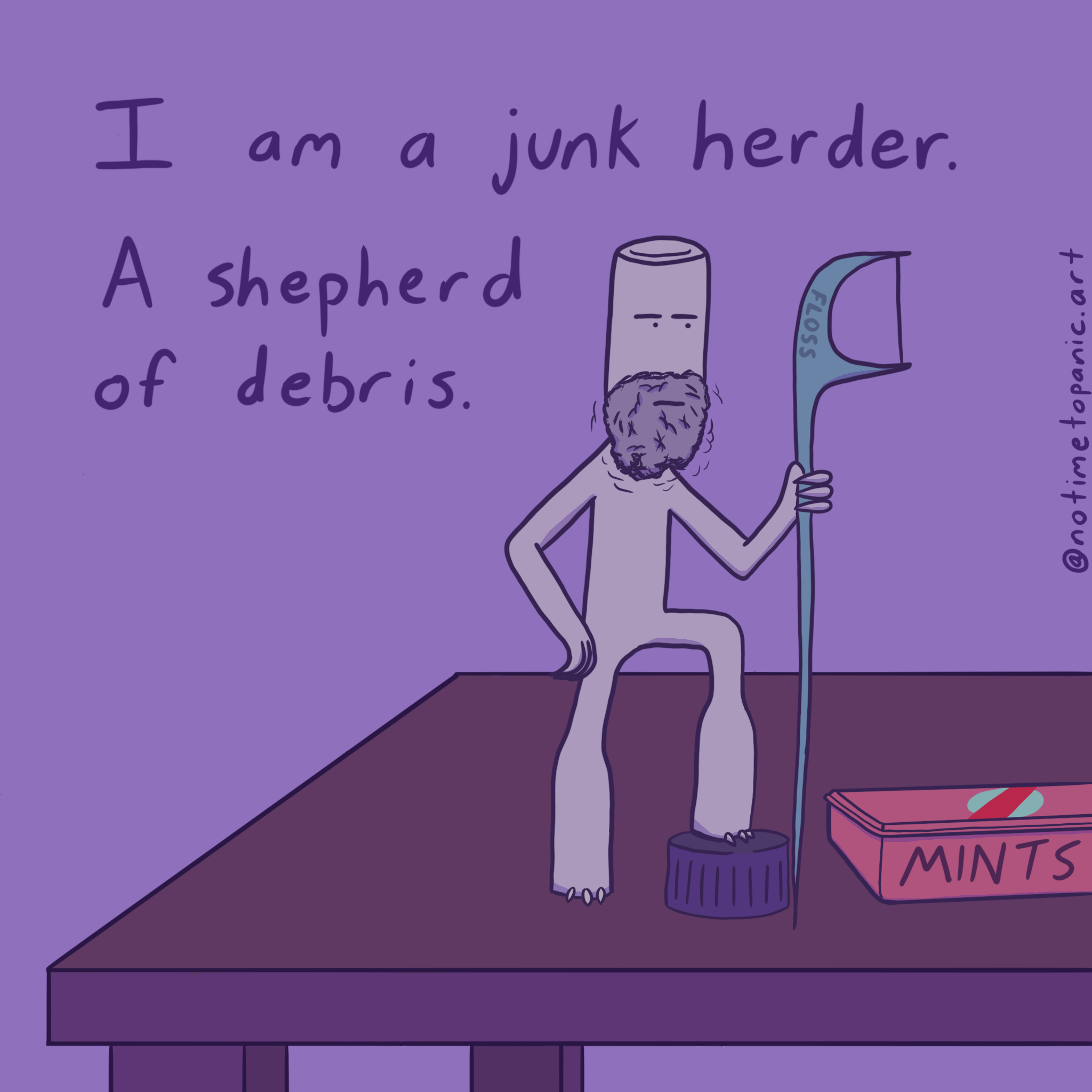 A small creature stands on a table holding a floss pick as a shepherd's cane