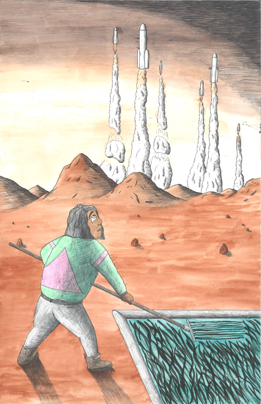 Cover of Mars Belongs to Us, showing someone raking a pool of farmed algae while watching rockets launch